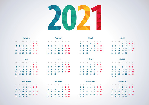 European 2021 year vector calendar. Week starts monday