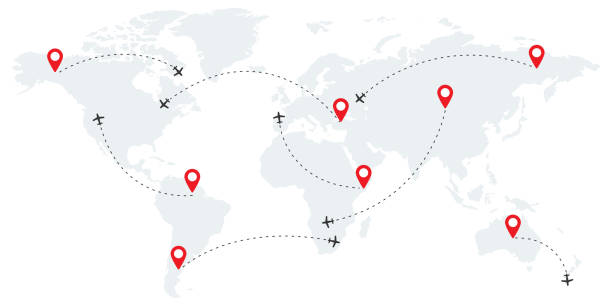 ilustrações, clipart, desenhos animados e ícones de pontos de rota da companhia aérea. voo de avião com caminho tracejado. mapa do papel de parede do mundo com aviões. conceito globo sobre fundo branco. voo de viagem com ícones de ponteiro. sinal de localização. vetor eps 10. - usa airport airplane cartography