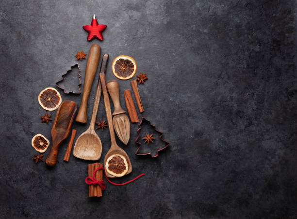 istock Christmas greeting card with kitchen utensils and ingredients 1279769379