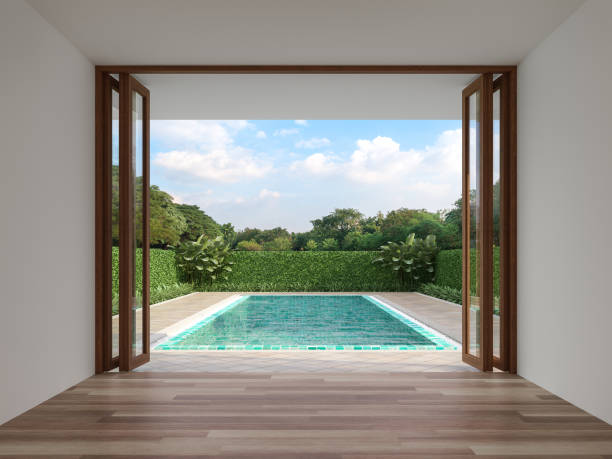 istock Modern contemporary empty room with swimming pool background 3d render 1279771023