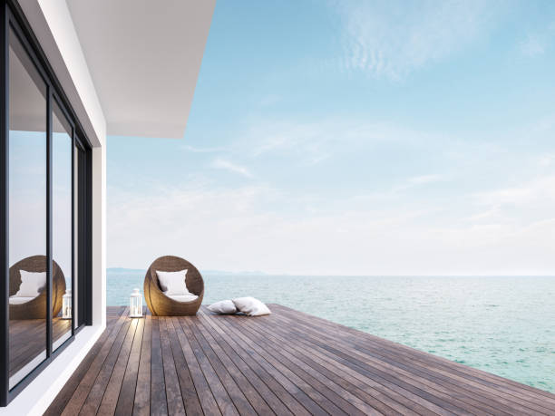 istock Minimal style room terrace with sea view 3d render 1279771030