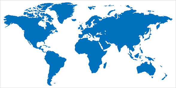 World map in blue. Globe symbol in flat design. Planet silhouette. Earth with continents on white background. Map of europe and america. Asia and Australia illustration. EPS 10.