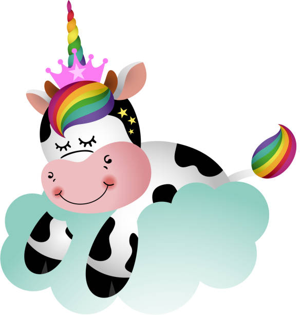 Cute cow with unicorn horn on cloud Scalable vectorial representing a cute cow with unicorn horn on cloud, element for design, illustration isolated on white background. sleeping cow stock illustrations