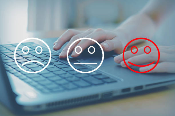 istock Woman select happy on satisfaction evaluation on laptop 1279774051
