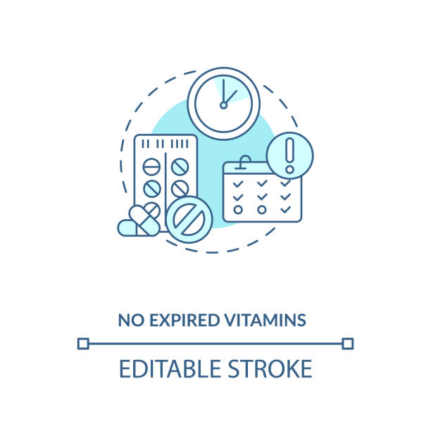 No expired vitamins concept icon No expired vitamins concept icon. Adequate vitamins intake idea thin line illustration. Expiration dates. Prescription drugs. Ineffective. Vector isolated outline RGB color drawing. Editable stroke expiry date icon stock illustrations