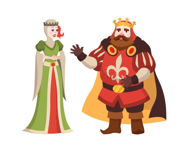 ilustrações de stock, clip art, desenhos animados e ícones de cartoon king and queen. fairy tales characters in crown and royal clothes standing, illustration for child book, fantasy couple in traditional costume with diadem flat vector people - book magic picture book illustration and painting