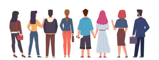 Crowd back view. Group men and women standing in different poses of back view, couple people hugging and holding hands, male and female persons from back side flat vector concept Crowd back view. Group men and women standing in different poses of back view, couple people hugging and holding hands, male and female persons from back side with bags flat vector isolated concept man touching womans buttock stock illustrations