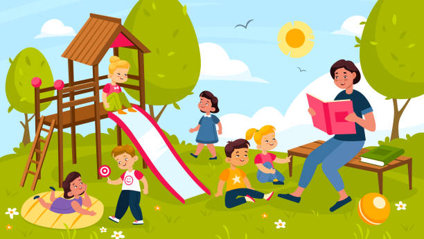 ilustraciones, imágenes clip art, dibujos animados e iconos de stock de niños jugando al aire libre. niños y maestros de preescolar alegres en el parque de verano, juegos al aire libre tobogán y juegos de pelota, educación primaria en el concepto de dibujos animados vectoriales de jardín de infantes - fairy child outdoors fairy tale