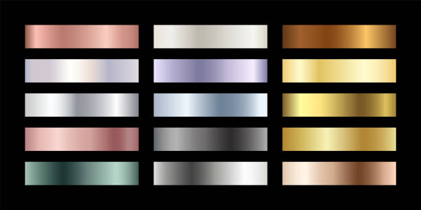 Metal chrome gradient color set. Metallic rose gold, bronze, silver, elegant pearl, midnight green, golden swatches palette. Vector shiny background collection for border, frame, label, flyer, design Metal chrome gradient color set. Metallic rose gold, bronze, silver, elegant pearl, midnight green, golden swatches palette. Vector shiny background collection for border, frame, label, flyer, design. metallic textures stock illustrations