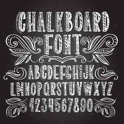 Chalkboard font. Typography alphabet with illustrations. Handwritten blackboard script for party celebration and crafty design. Vector with hand-drawn lettering.