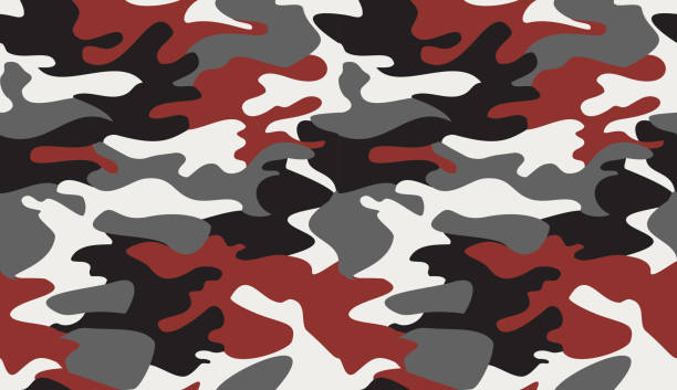 Seamless camouflage pattern background vector.Classic clothing style masking camo repeat print.Red black grey white colors texture design for virtual background, online conference, online transmission Seamless camouflage pattern background vector.Classic clothing style masking camo repeat print.Red black grey white colors texture design for virtual background, online conference, online transmission monochrome clothing stock illustrations