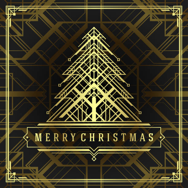 크리스마스 트리 아르 데코 스타일 메리 크리스마스 소원 인사말 카드 벡터 일러스트 - deco decoration christmas christmas tree stock illustrations