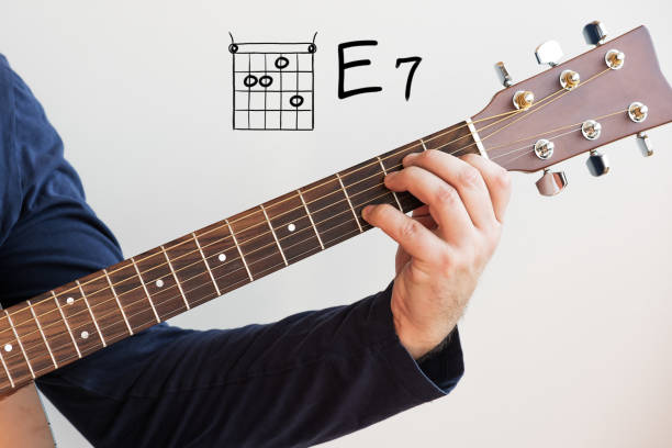 istock Man playing guitar chords displayed on Whiteboard, Chord E 7 1279784470