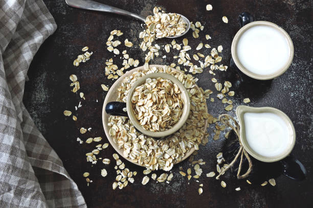 istock Oat milk and oatmeal. Vegan drinks. 1279785428