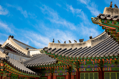 Roof of a temple in Seoul South Korea - Guardians Sculpture on roof