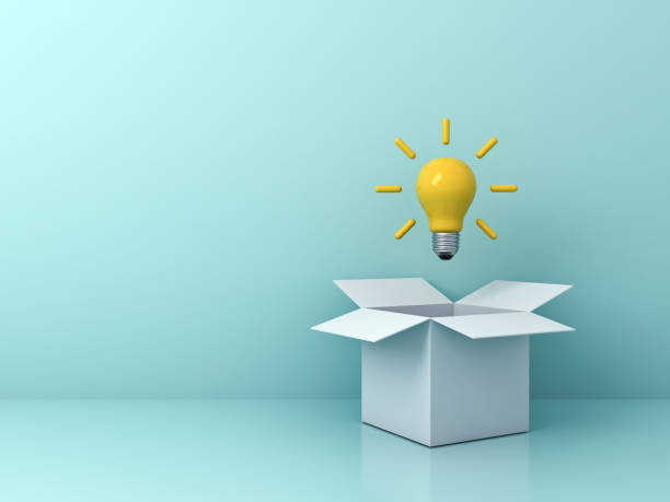 istock Think outside the box concept bright yellow idea bulb floating outside the white cardboard box isolated on light green blue pastel color background 1279786419