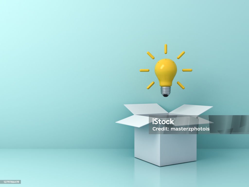 Think outside the box concept bright yellow idea bulb floating outside the white cardboard box isolated on light green blue pastel color background Think outside the box concept bright yellow idea bulb floating outside the white cardboard box isolated on light green blue pastel color background with shadow 3D rendering Inspiration Stock Photo