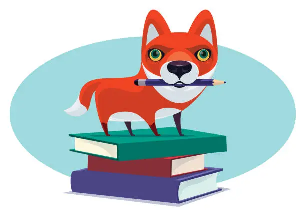Vector illustration of funny fox with pencil and book