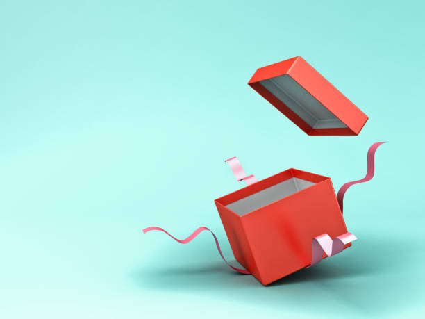 istock Red gift box open or present box with pink ribbons isolated on light green blue pastel color background 1279786440
