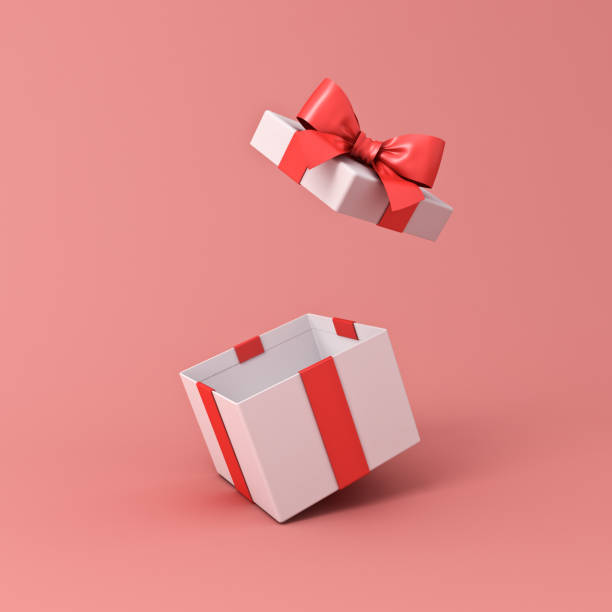 istock Blank open white gift box or present box with red ribbon bow isolated on light red pink orange pastel color background 1279786446