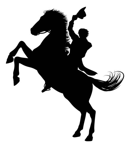 Cowboy Riding Horse Silhouette A cowboy riding a horse in silhouette waving hat in the air silhouette of a cowboys logo pic stock illustrations