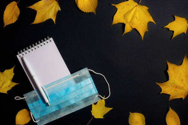 istock Autumn fallen foliage, notebook and medical mask on black background. 1279788095