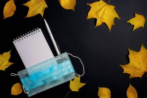 istock Autumn fallen foliage, notebook and medical mask on black background. 1279788098