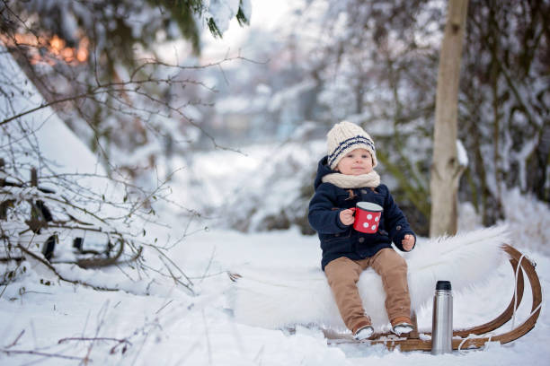 fratelli dolci, bambini che hanno una festa invernale nella foresta innevata.  giovani fratelli, ragazzi, che bevono tè dal thermos. bevande calde e bevande con il freddo - cold discussion outdoors snow foto e immagini stock