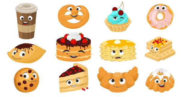 illustrazioni stock, clip art, cartoni animati e icone di tendenza di carino e divertente set di personaggi da dessert dolce da forno, illustrazione vettoriale piatta. pasticceria, pasticceria, panificio. - muffin coffee cartoon cake