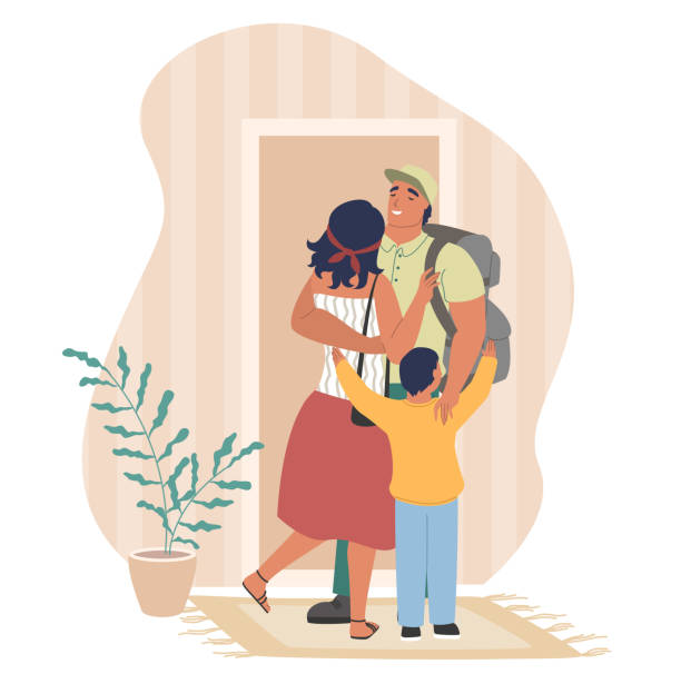 Happy father coming back home, hugging his wife and son, flat vector illustration. Homecoming. Happy husband and father hugging his wife and son, flat vector illustration. Soldier, serviceman coming back home. Family relationship. Home interior. Homecoming. military family stock illustrations