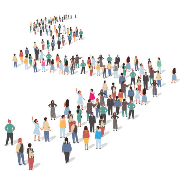 Large group of people standing in line, flat vector illustration. People crowd gathering. Large group of people standing in long line, flat vector illustration. People crowd gathering. waiting in line stock illustrations