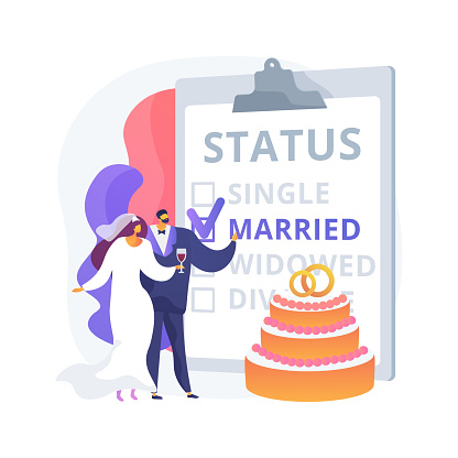 Marital status abstract concept vector illustration. Civil status, persons relationship, single married, checkbox, marital state, wedding rings, married couple, divorced widowed abstract metaphor.