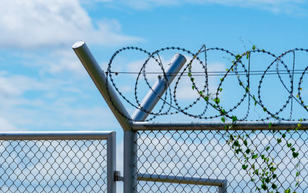 istock Prison security fence. Barbed wire security fence. Razor wire jail fence. Barrier border. Boundary security wall. Prison for arrest criminals or terrorists. Private area. Military zone concept. 1279792500