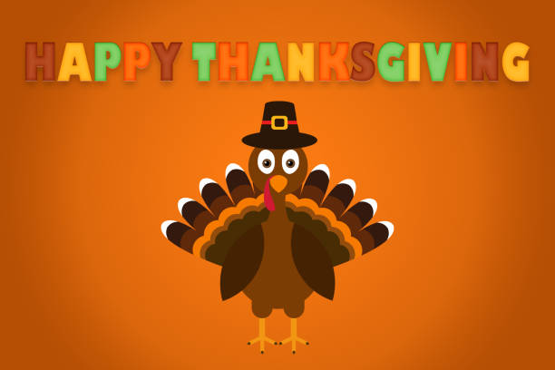 istock Happy Thanksgiving text Cartoon Turkey Pilgrim with hat on orange background Thanksgiving poster. 1279795071
