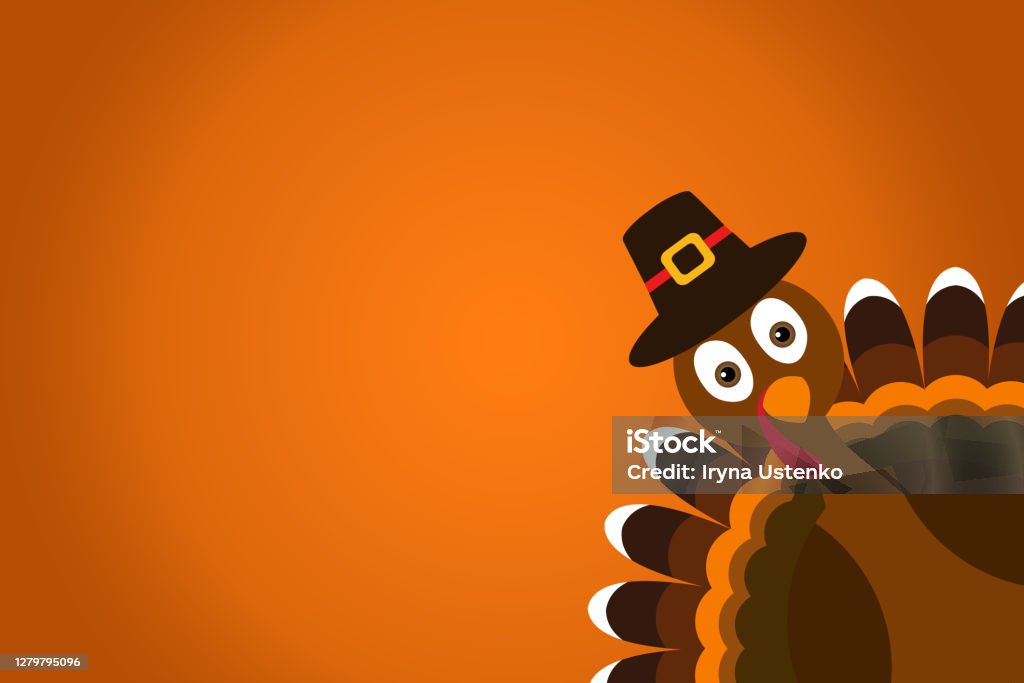Lindo peregrino de dibujos animados Turquía con sombrero en naranja degradado fondo cartel de Acción de Gracias. - Ilustración de stock de Pavo - Ave de corral libre de derechos