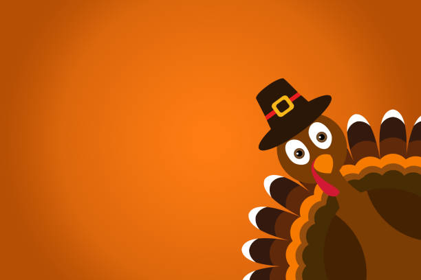 illustrations, cliparts, dessins animés et icônes de pèlerin mignon de turquie de dessin animé avec le chapeau sur l’affiche orange de fond de gradient de thanksgiving. - dinde