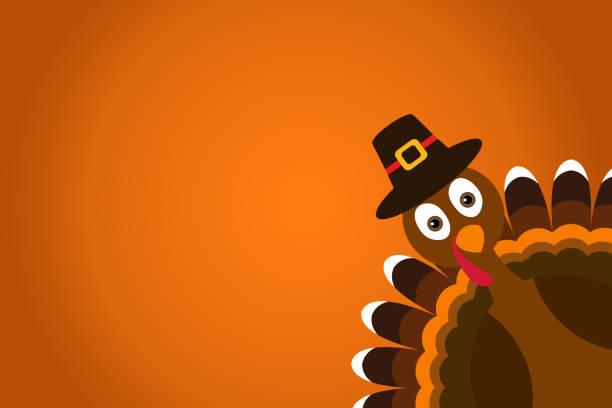 オレンジ色のグラデーションの背景感謝祭のポスターに帽子を持つかわいい漫画トルコ巡礼者。 - thanksgiving点のイラスト素材／クリップアート素材／マンガ素材／アイコン素材