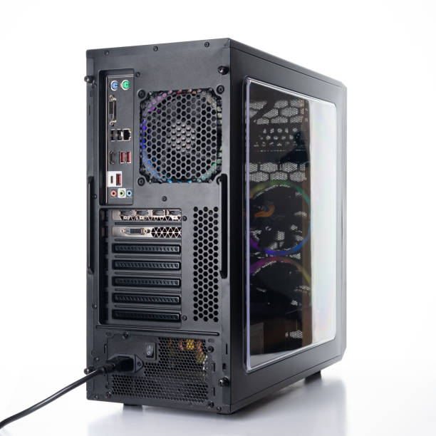 istock Studio shot of black Gaming desktop pc with rgb lights and visible components. 1279796340