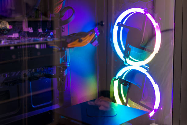 istock Studio shot of black Gaming desktop pc with rgb lights and visible components. 1279796342