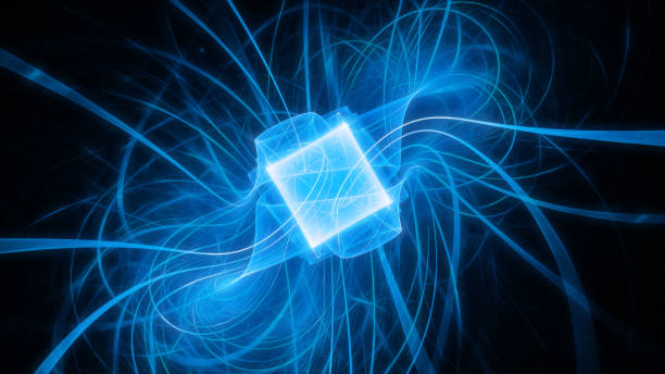 processore quantistico futuristico incandescente blu - fiber optic cable computer network abstract foto e immagini stock
