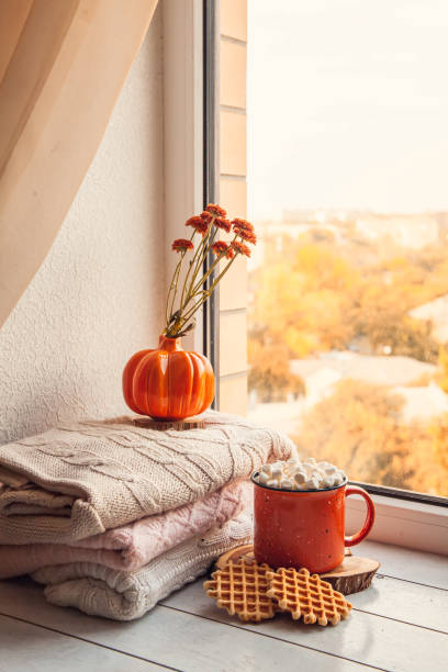 istock Cozy autumn still life on the windowsill: warm wool sweaters, pumpkins, maple leaves and a Cup of cocoa with marshmallows and waffles 1279798041
