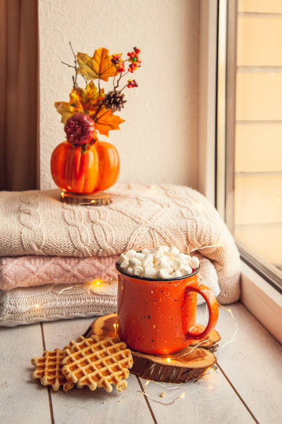 Cozy autumn still life on the windowsill: warm wool sweaters, pumpkins, maple leaves and a Cup of cocoa with marshmallows and waffles