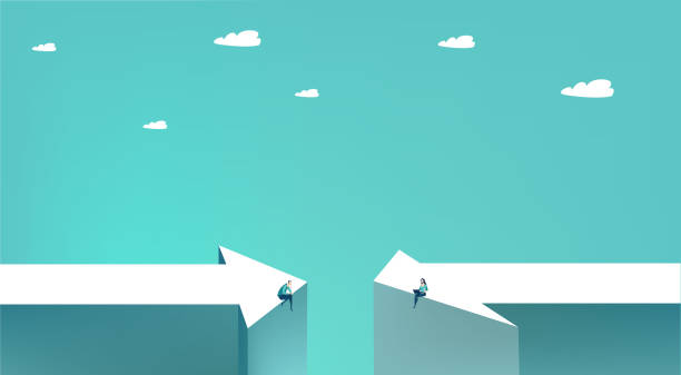 istock Little business people stand at two opposite arrows. Two way to success, meeting point, working together, financial growth, professional achievements. Business concept illustration 1279801077