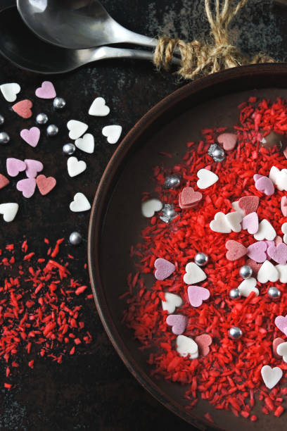 istock Elegant romantic breakfast for Valentine's day. Chocolate yogurt with hearts decorations. 1279802670