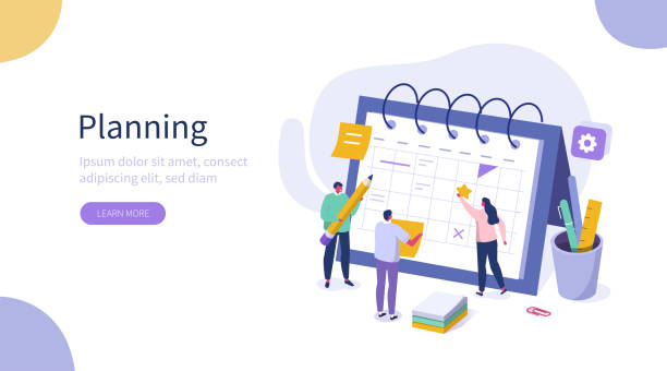 planning schedule People Characters Filling Planning Schedule. Man and Woman Left Notes, Manage and Organize their Work and Time. Business Plan and Time Management Concept. Flat Isometric Vector Illustration. leadership drawings stock illustrations