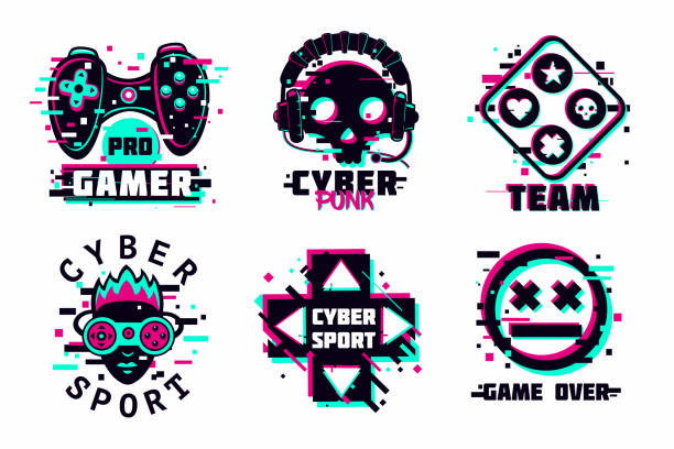 ilustrações de stock, clip art, desenhos animados e ícones de game team emblem set. glitch style vector signs. cyber punk illustration set. virtual reality sport icons. - gamer