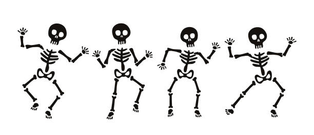 набор скелета на хэллоуин - human skeleton halloween skull human bone stock illustrations
