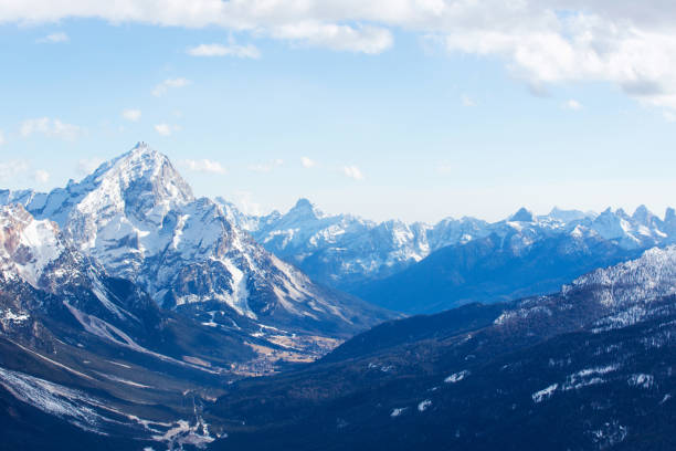 Dolomites Dolomiti Italy in wintertime beautiful alps winter mountains landscape , view from Toffana ski slope Cortina d'Ampezzo mountain peaks famous landscape skiing resort area
