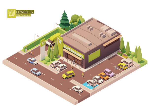 Vector isometric supermarket building Vector isometric supermarket building. Grocery store building exterior. Big shop with car parking. Isometric city or town map construction elements megastore stock illustrations