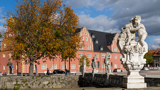 Wolfenbüttel, Germany - oct 11th 2020: Wolfenbüttel armoury is one of historical buildings near town square, next to medieval castle. Building exterior has been repainted in 2020.